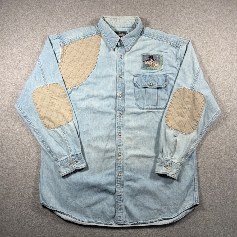 Vintage 90s Woolrich Denim Shooting Shirt Mens XL Blue Elbow Pads USA Made